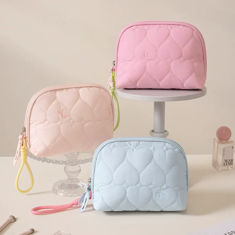 Heart Quilted Half-Moon Cosmetic Bag for Women, Soft Padded Makeup Organizer Pouch, Small Clutch Handheld Storage view 3