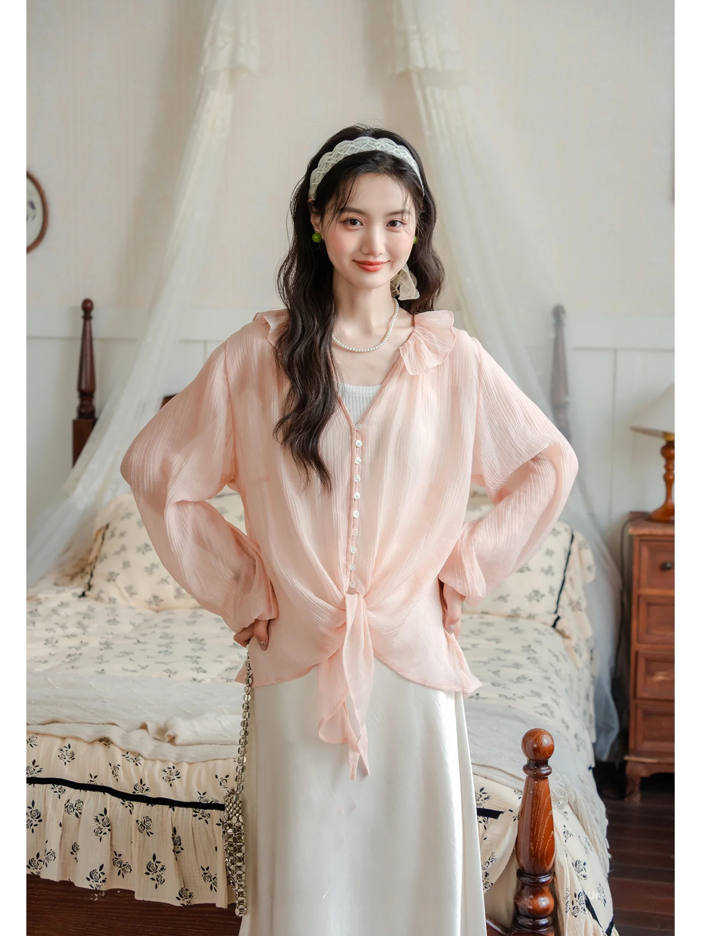 

Pink Silk Long Sve Women's irt Summer Sun Protection French Sle Loose Fit V-Ne Button up Pure Color Ruffle Hem Top