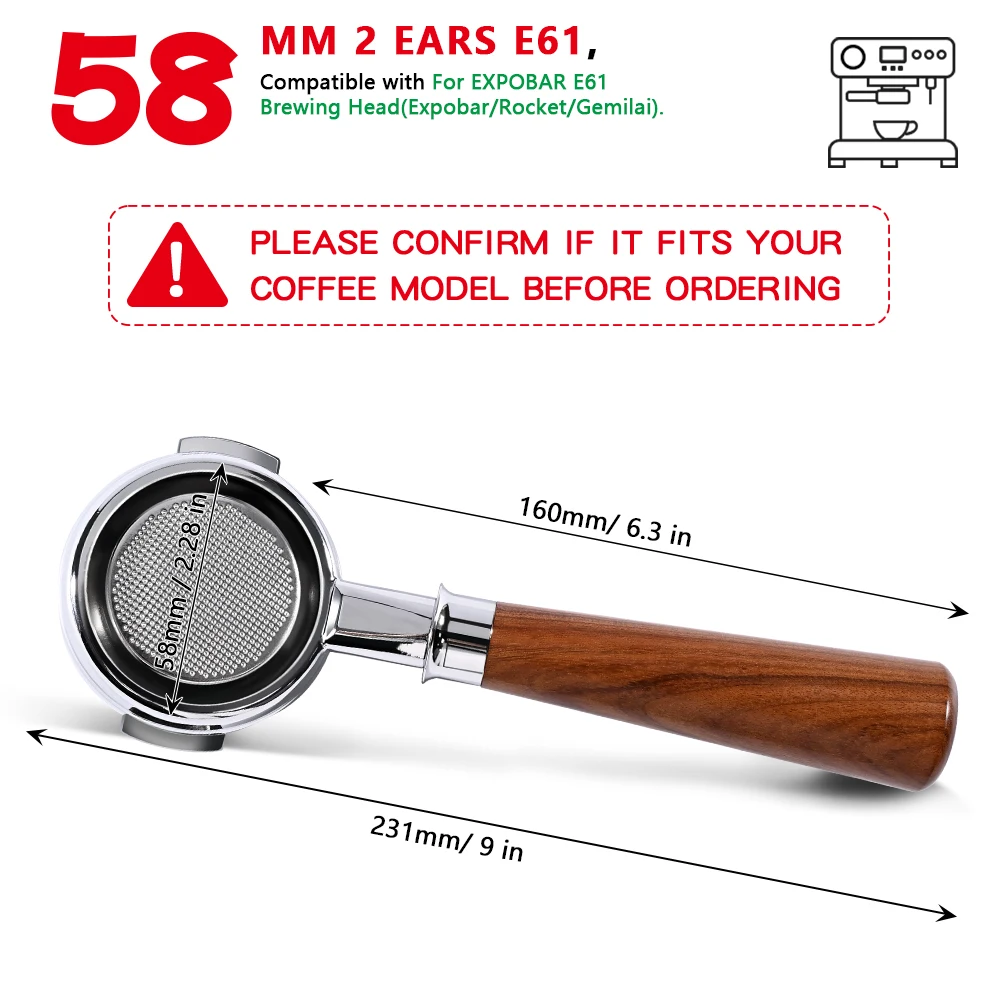 58MM 2 Ears Coffee Bottomless Portafilter Naked For E61 EXPOBAR /Gemilai With Filter Basket Espresso Machine Accessories  Tools