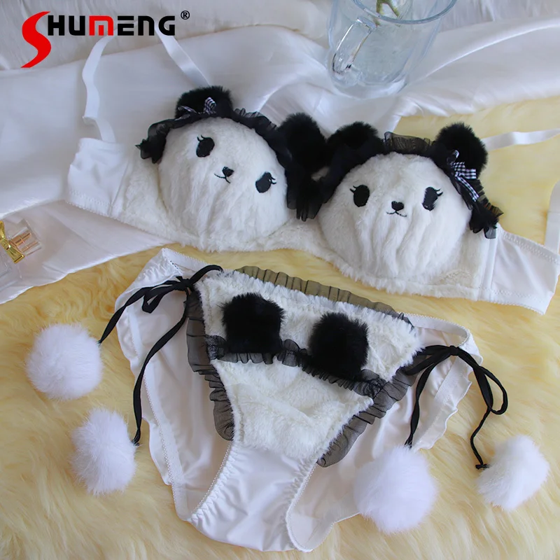 

Girls Japanese Style Plush Outfits Autumn Winter Bear Underwear Cute Brief Sets Women Mesh Small Chest Push Up Bra Set