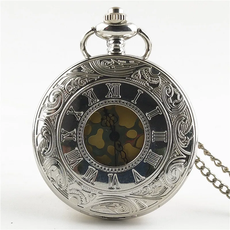 นาฬิกาควอทซ์แกะสลักแบบวินเทจสุดหรูสำหรับผู้ชายเคสสลักลายเลขโรมันสร้อยคอสายโซ่นาฬิกาสำหรับผู้ชายของขวัญคอลเลกชัน