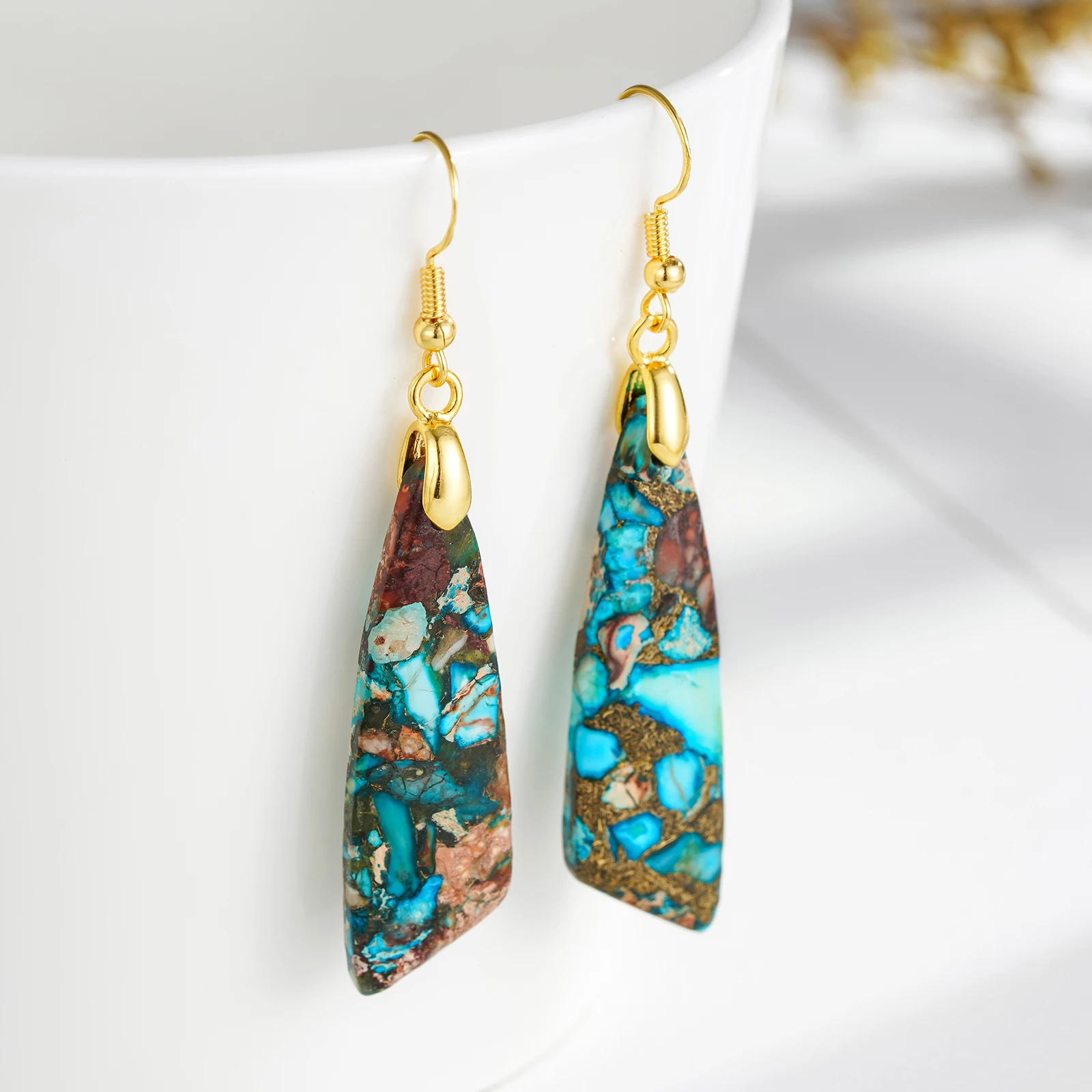 Boho Blue Imperial Jasper Stone Dangle Women Earrings Natural Stone Charm Dangle Drop Earring Jewelry for Birthday Party Gift