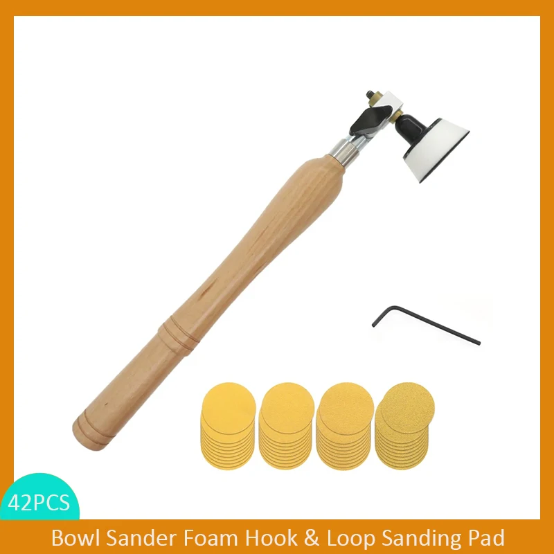 2 Inch Diameter Bowl Sander with Sandpaper Dual Bearing Head and Foam Hook and Loop Sander with Mandrel and Hardwood Handle 42PC