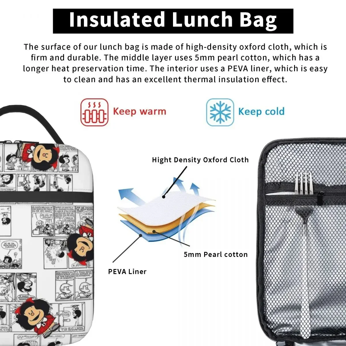 Mafalda Cartoon Insulated Lunch Bag Funny Comics Food Bag Portable Cooler Thermal Lunch Boxes For School Office