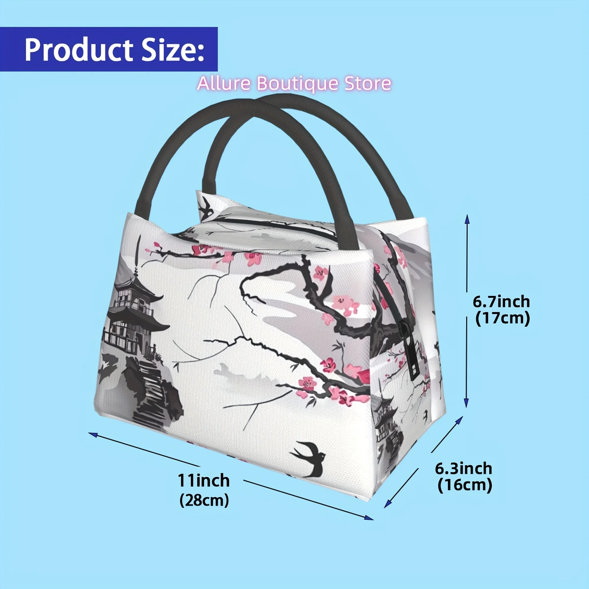 Reusable Insulated Lunch Tote Bag with Thermal Seal Zipper - Cherry Blossom & Pagoda Design, Portable Cooler Bag for Travel, Off