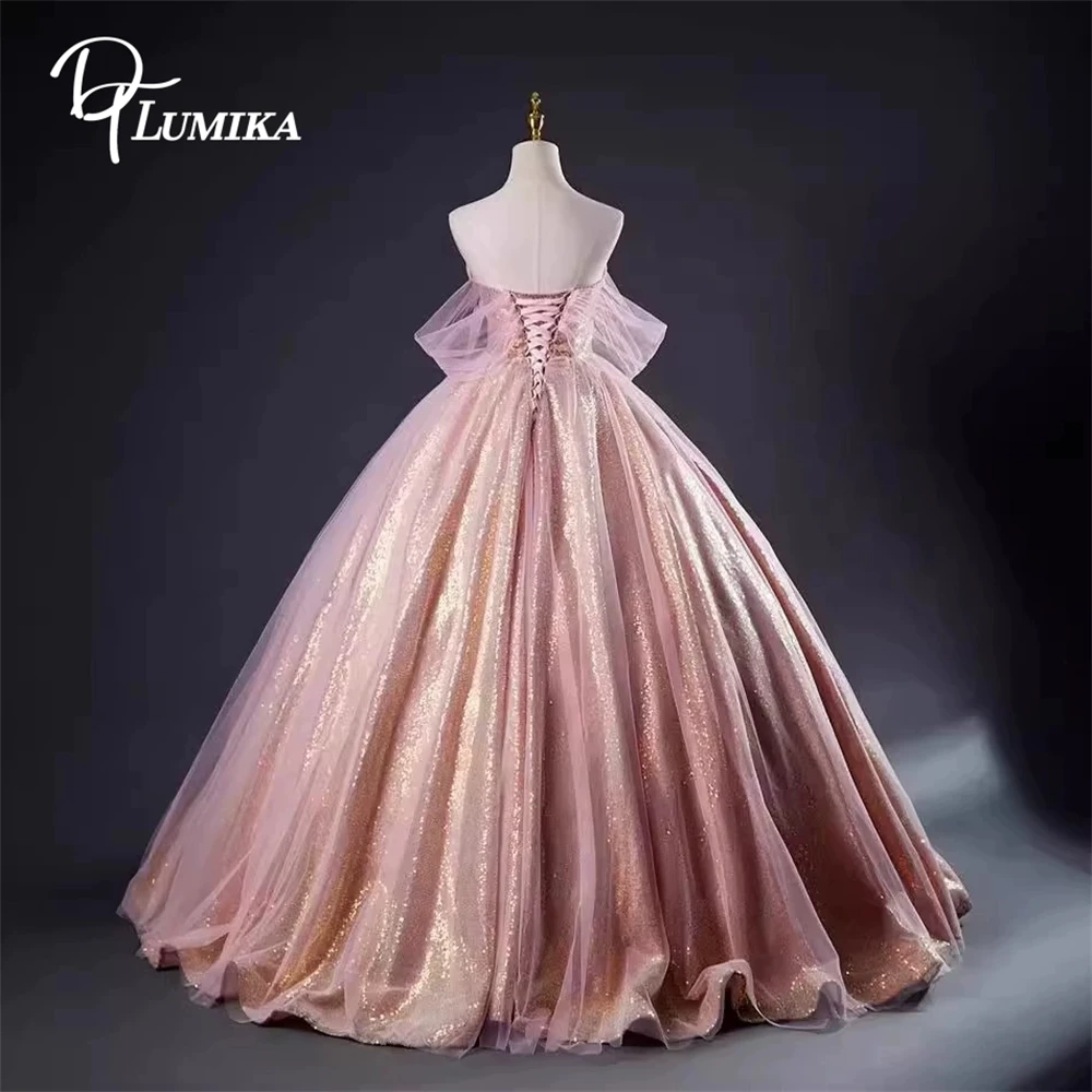 สีชมพูSequins Ball GownชุดราตรีTulleปิดไหล่อย่างเป็นทางการสําหรับผู้หญิงLace-Upกลับหวาน 15 16 ชุดSparkleชุด
