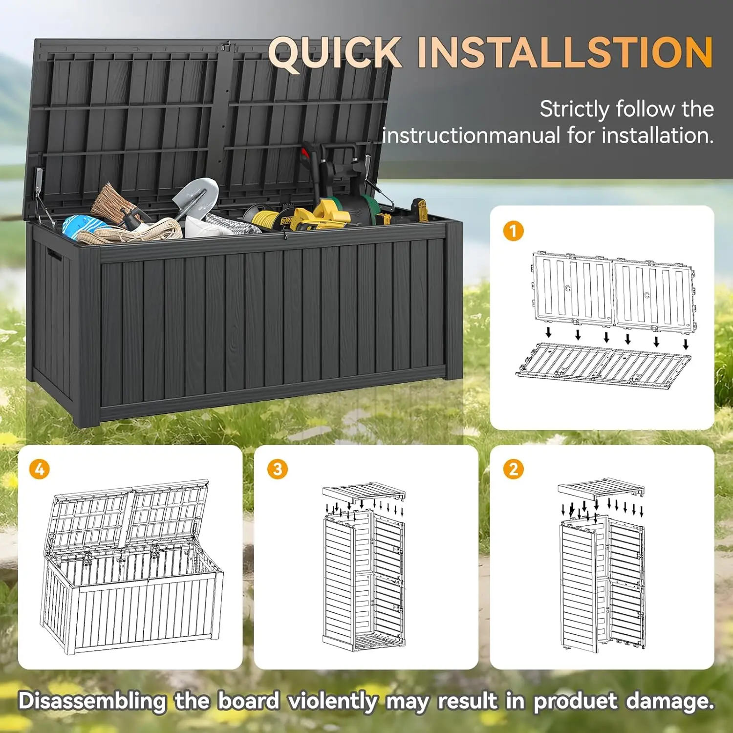 Caja de almacenamiento para exteriores, caja de cubierta de resina grande para exteriores de 180 galones, cajas impermeables para exteriores, tapa bloqueable para herramientas de jardín,