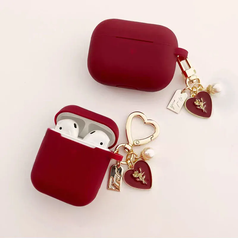 Wine Red Silicone Earphone Case for apple Airpods 1/2/3/4 Pro 2nd Bluetooth Headset Box With Sweet Vintage Rose Pearl Keychain