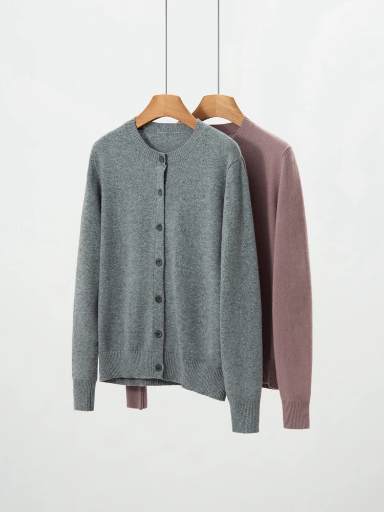 

Women's Warm Soft Solid Cardigan O-Neck 100% Cashmere Sweater Long Sleeves Autumn Winter Casual Loose Elegant Clothing Tops