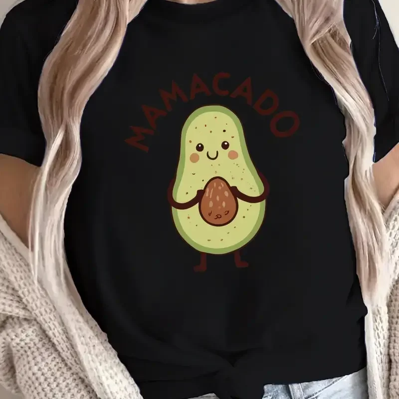 Cartoon Avocado Print Crew Neck T-shirt Casual Short Sleeve Top Summer Women's Clothing Funny Graphic Tees Women T Shirt