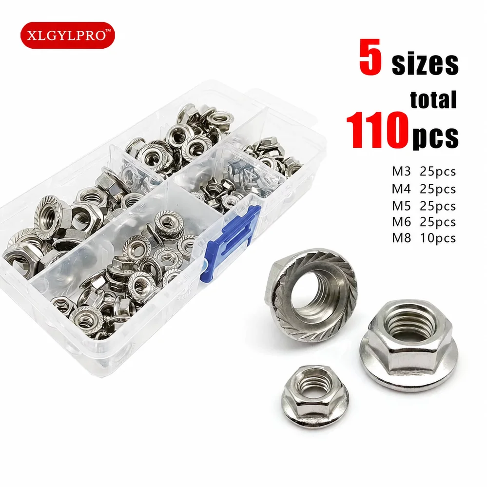 XLGYLPRO 110 pcs/box DIN6923 flange nuts, hex patterned self-locking nut set M3 M4 M5 M6 M8 stainless steel combo kit