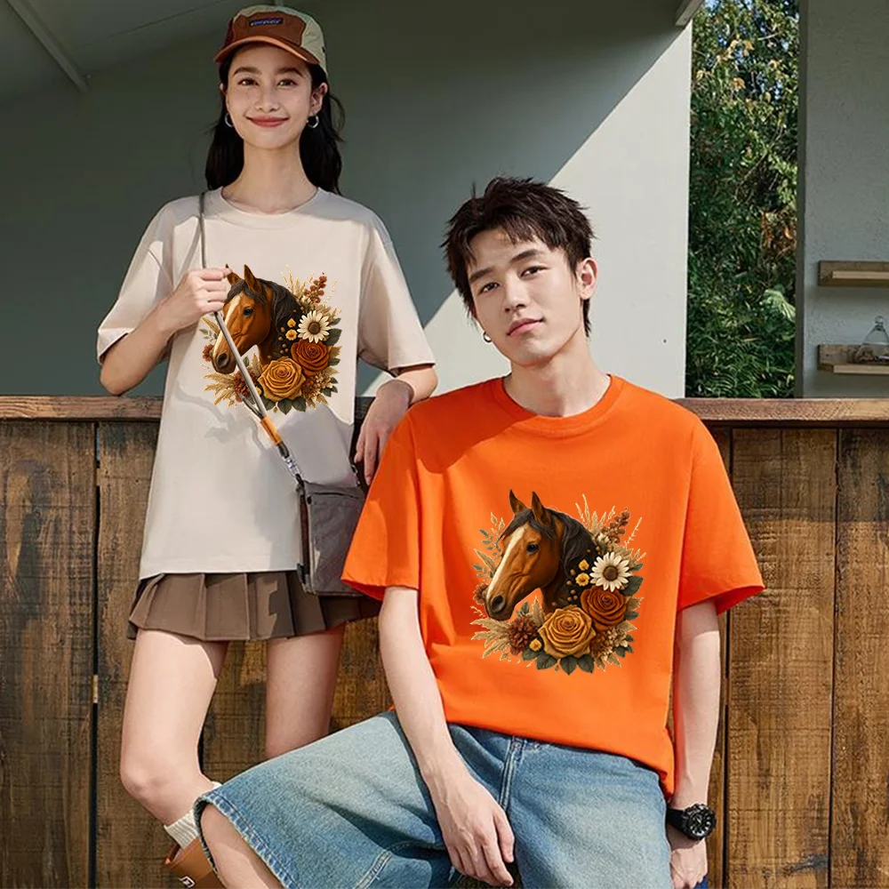 Horse Head With Autumn Flowers Printed T Shirt Breathable Fabric S-XXL Personalized Custom Casual Short Sleeve Tee Aesthetic Gra
