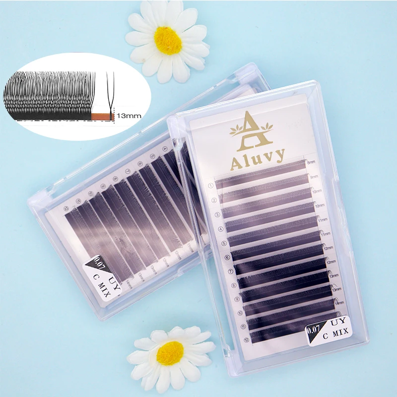 ALUVY U字型YYまつげエクステ ダブルレイヤーU YYミックスラッシュ 超ソフト平行プレメイドファンラッシュ C/Dカール メイクアップツール