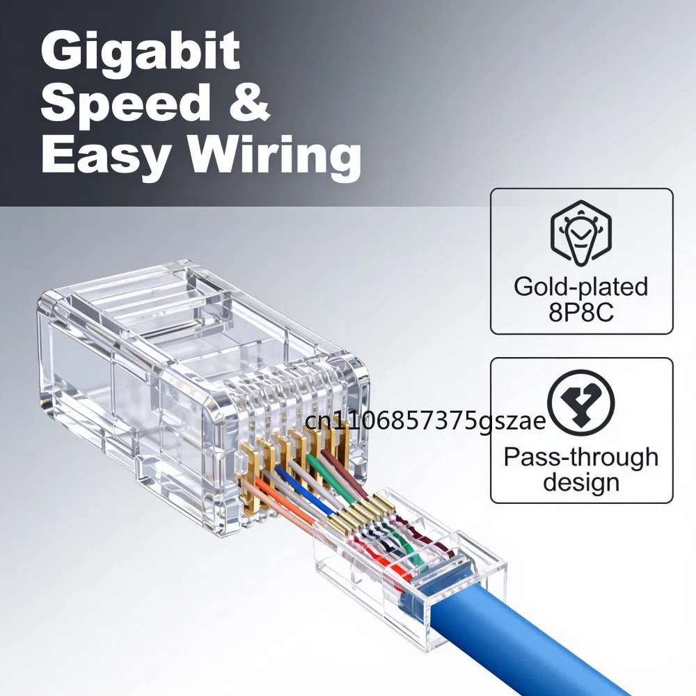 10/50/100pcs RJ45 Cat6 Cat6a Pass Through Connectors Gold Plated 8P8C Modular Plugs for 23AWG Twisted Pair Ethernet Cable