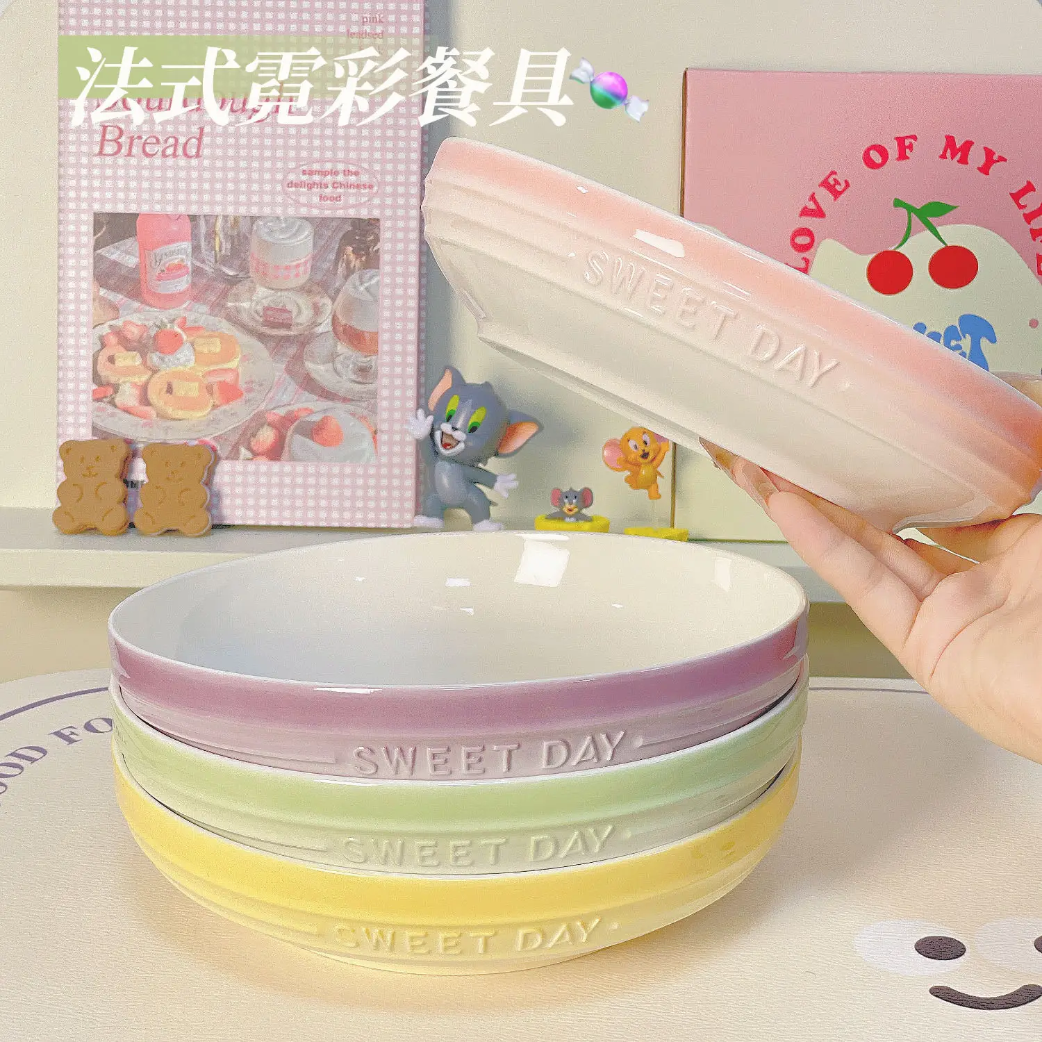 Gradient Macaron High Aesthetic Deep Plate, Home Underglaze Color Creative Ceramic High-end Soup Dish, Vegetable Bowl