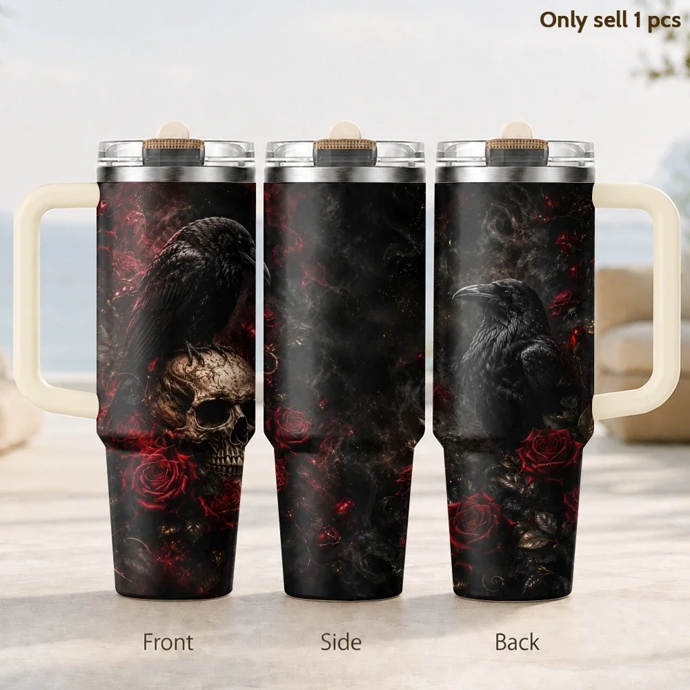 Gothic Raven Skull Red Roses Vacuum Flasks 40oz 3rd Gen Vacuum Insulated Stainless Steel Tumbler Cup With Handle Straw Lid
