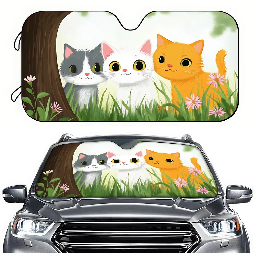 A Car Sunshade Featuring A Cute Cat In The Grass, With High-Definition Printing. It'S Easy To Install And Suitable For Various V