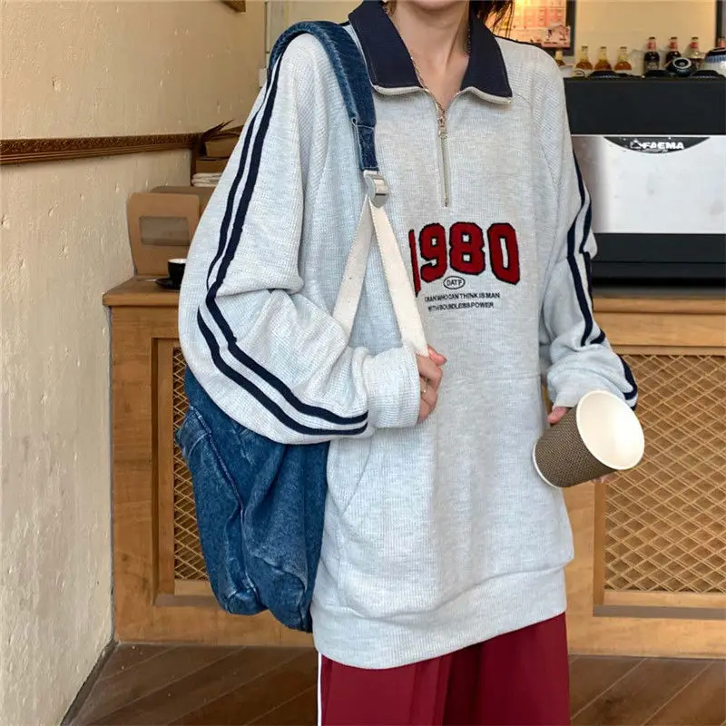 Oversized Sweatshirts Femme Stand Collar Loose Autumn Zipper Casual Pullovers Coat Women Clothing All-match Trend T-Shirts Tops