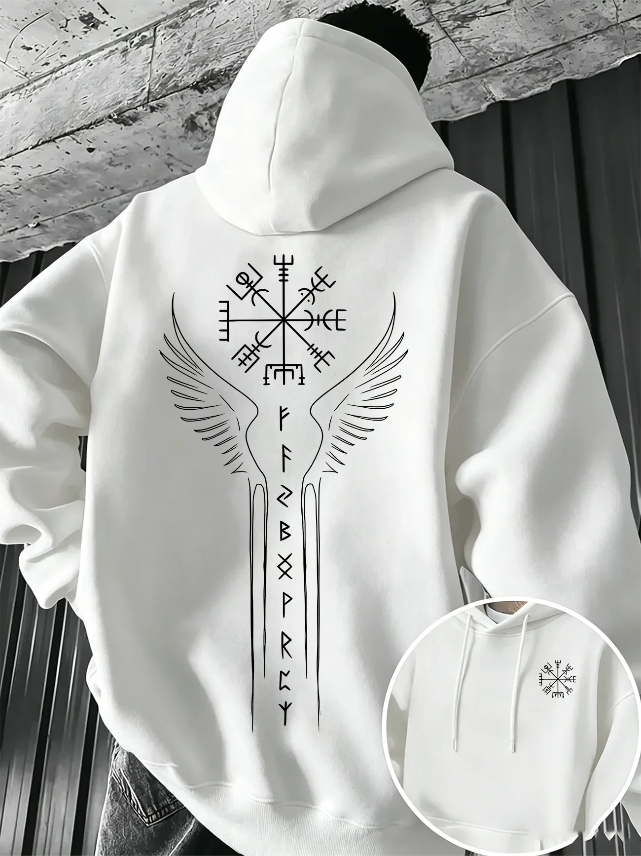 Men's Casual Autumn/Winter Comfortable Pullover Hooded Sweatshirt with Viking Runes and Compass Print - Comfortable Loose Fit