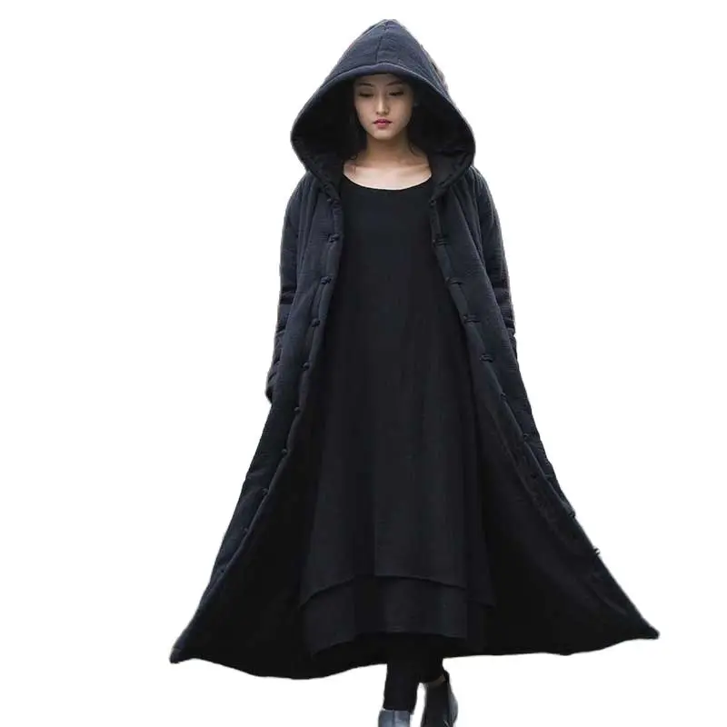 Oversized Long Coat Women Winter Clothes Fashion Chinese Style Vintage Cape Poncho Cloak Hood Linen Cotton Loose Baggy Trench