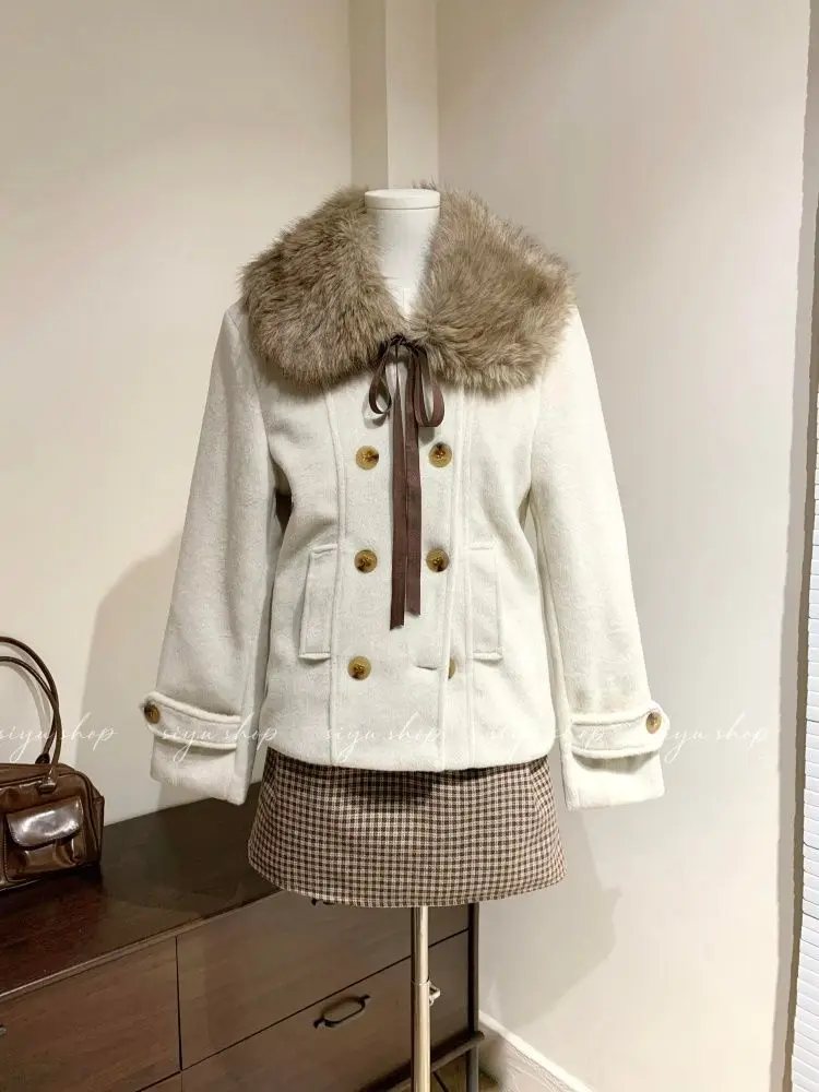 

Winter French Vintage Elegant New 2 Piece Set Women Faxu Fur Retro Coat + Plaid Casaul Skirt Female Chic Korean Popular Clothes