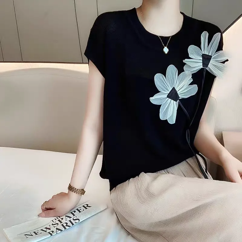 Spring/Summer New Fashion Korean Style Cross Waist Cinched Pleated 3D Floral Knitted Short Sleeve Versatile Top Tee