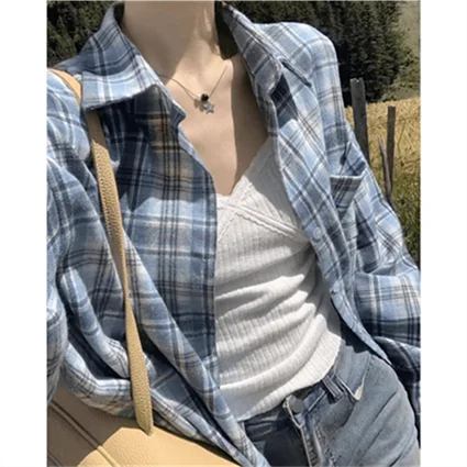

Retro Loose Lazy Plaid irt Women Early Autumn New Korean Version Casual Simple Long Sve Outer Commute Small irt