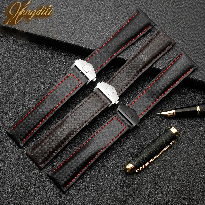 Carbon fiber texture genuine leather bottom watchband For TAG wristband men\'s black with red line strap 20mm with folding buckle