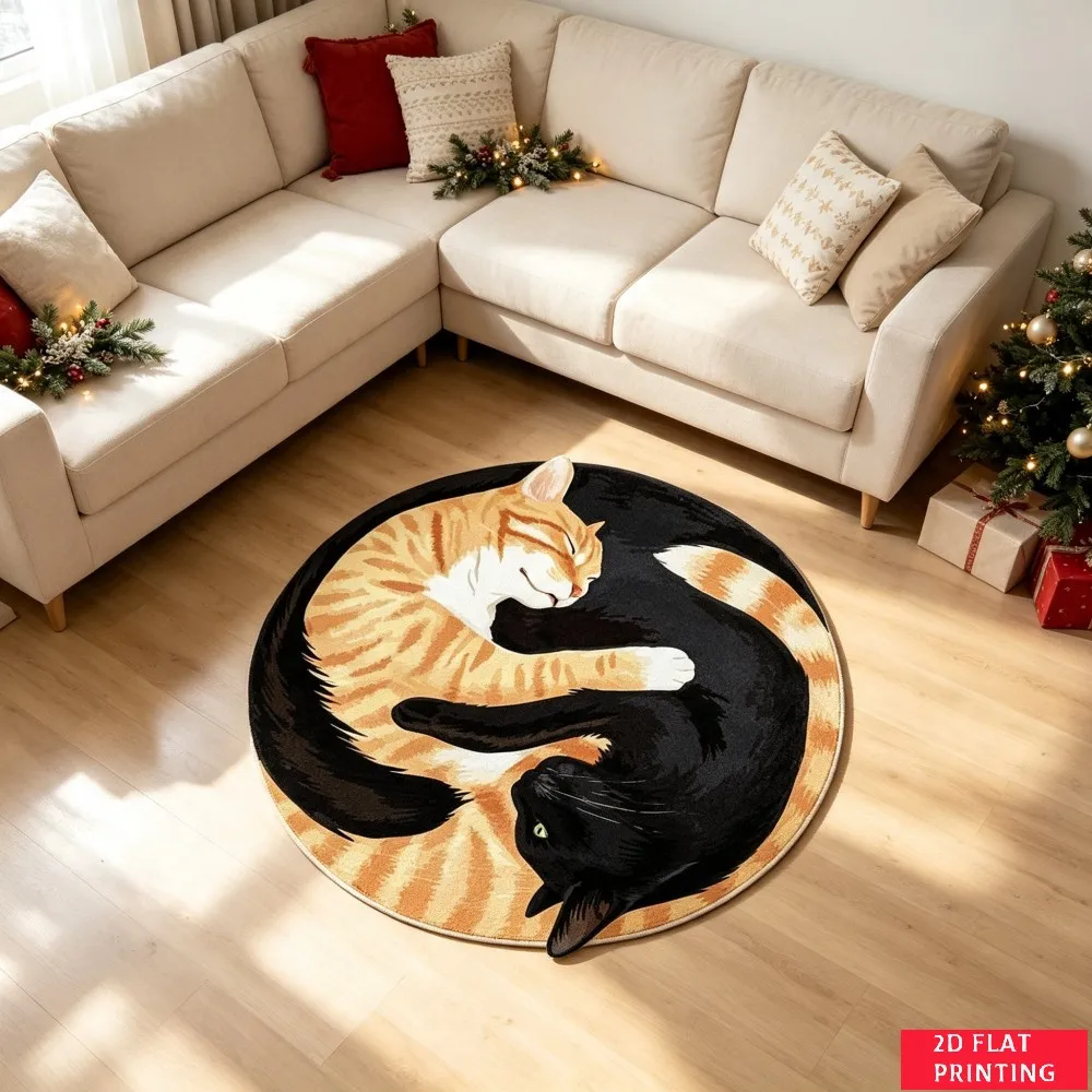 Yin Yang Black White Cat Face Eye Contrast Round Rug For Modern Bedroom Or Meditation Space Featuring Spiritual Balance Printed