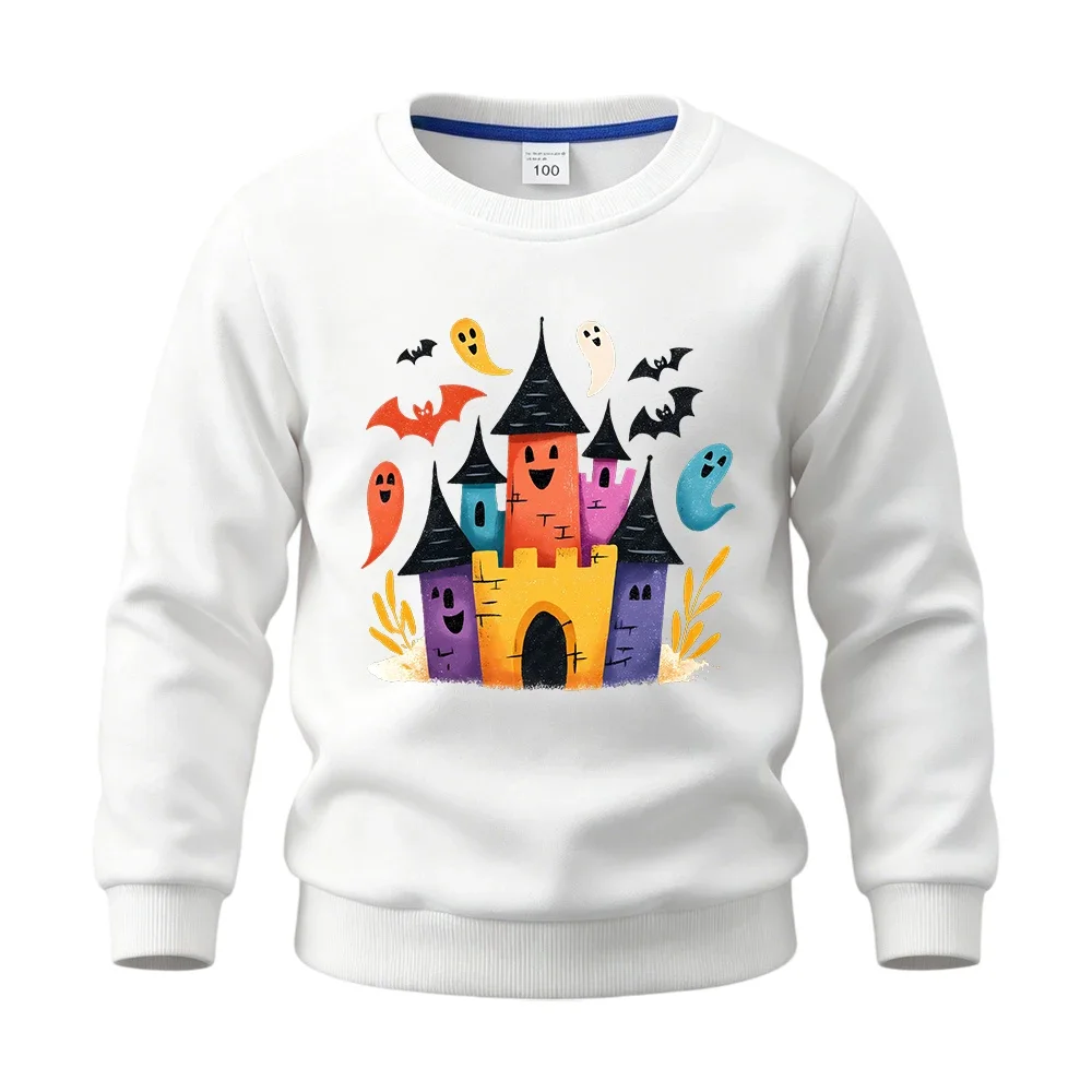 New Autumn/Winter long-sleeved pullover sweatshirt featuring Halloween castle, child-friendly ghost, and bat patterns.