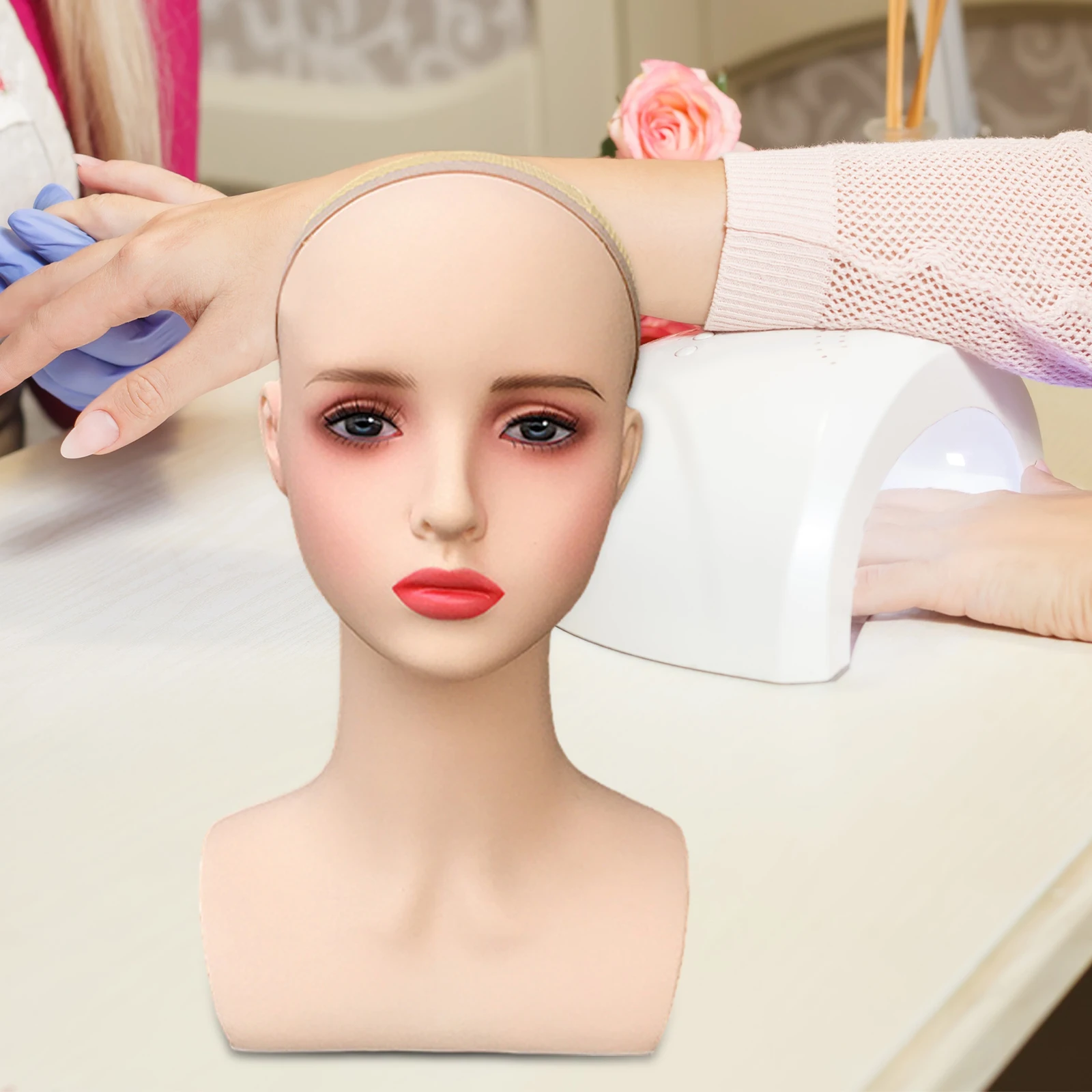 Female Head Rack Female Bald Mannequin Head Making Styling Manikin Practice Doll Head for Glasses Hair Styling Wig Making Hat