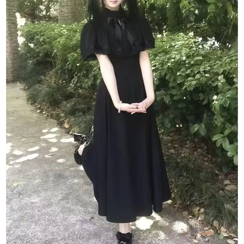 Summer Slim Lace Dress Women High Street Vintage Bow Thin Black Dresses Female Fashion Design Outfits