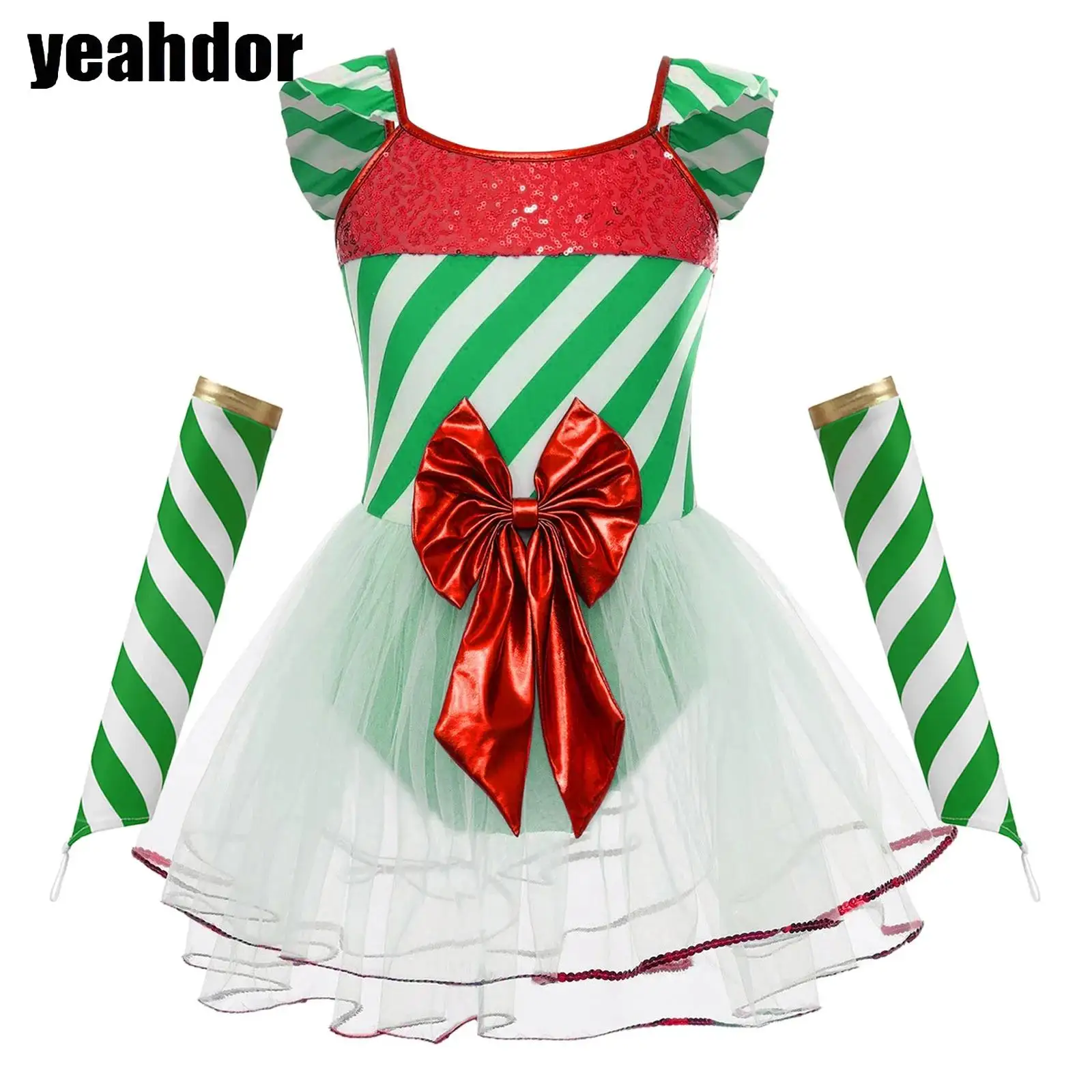

Girls Candy Cane Christmas Dance Costume Sequin Stripes Bowknot Mesh Ballet Tutu Leotard Dress with Oversleeves Skating Clothes