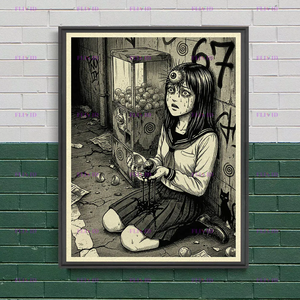 Japanese Horror Cosmic Creepy Cthulhu & Eye Poster And print,Surreal Manga Style Eye Monster Wall Art decor unframed