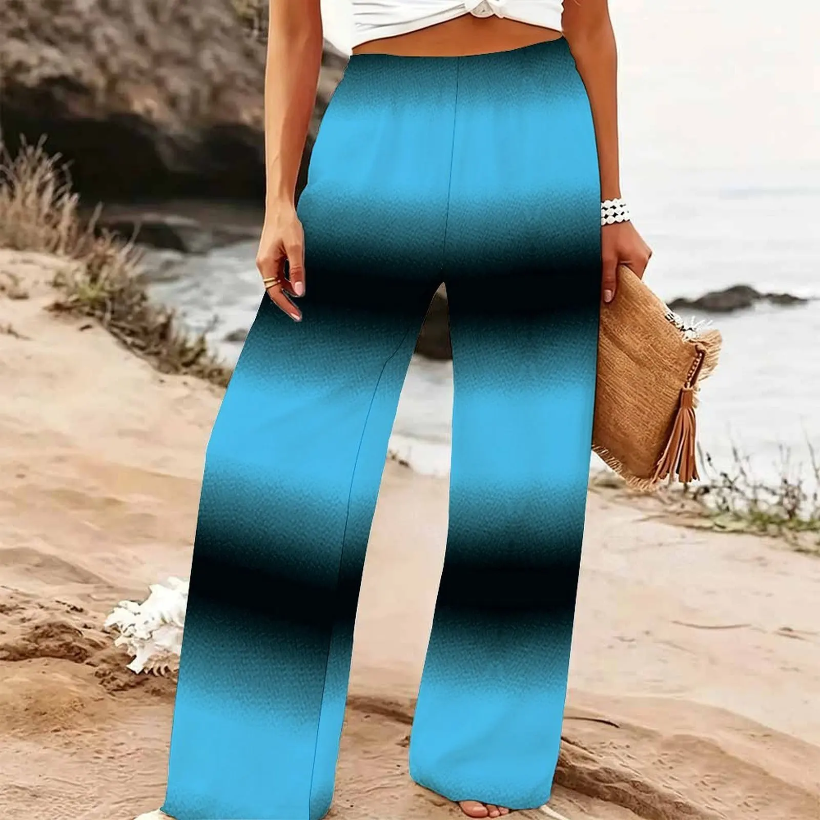 Women's Summer Beach Wide Leg Trousers Floral Print Elastic High Waist Loose Fit Casual Vacation Palazzo Pants