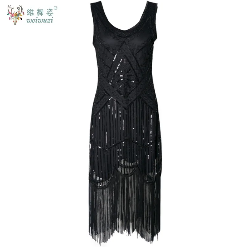 여성 파티 드레스 1920년대 그레이트 개츠비 플래퍼 베스티도스 시퀸 비즈 프린지 이브닝 드레스 V넥 장식 프린지 슬리브리스