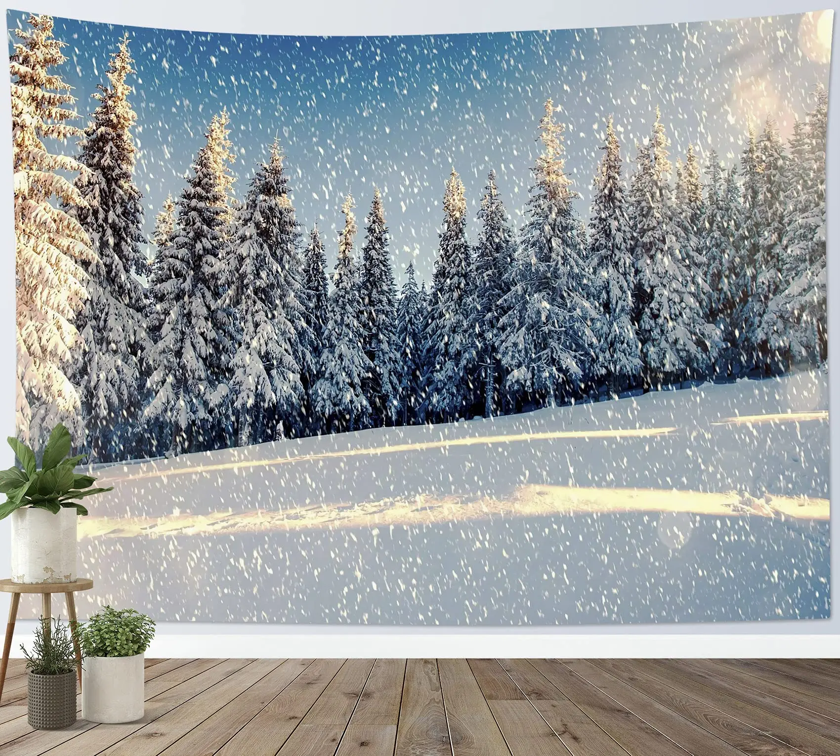 Winter Tapestry Forest Snowy Pine Tree Tapestry Sunrise Nature Scenery Tapestry Wall Hanging Decor for Bedroom Living Room Dorm