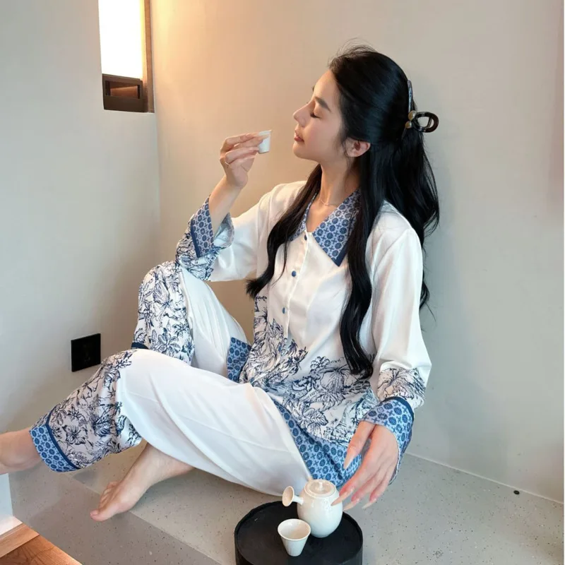 2025 Autumn Winter Women Ice Silk Pajamas Loose Sweet Style Casual Outerwear Long Sleeve Pants Two Piece Set Homewear Sleepwear