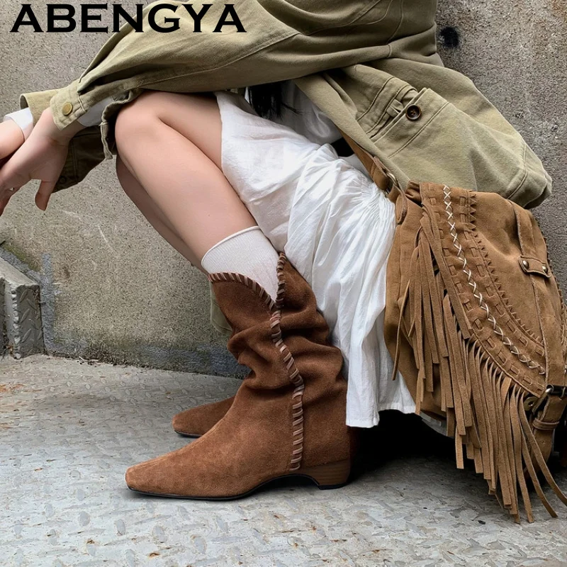 

Spring Autumn Low Heel Pleated Mid Calf Short Boots Winter Fashion Women's Ankle Boots Female Long Booties Knee-High Women Boots