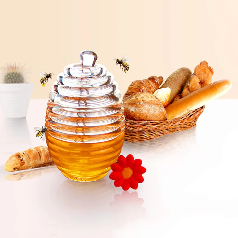 Beehive Shaped Honey Pot with Stirring Rod Transparent Acrylic Honey Jar Kitchen Liquid Syrup Storage Container