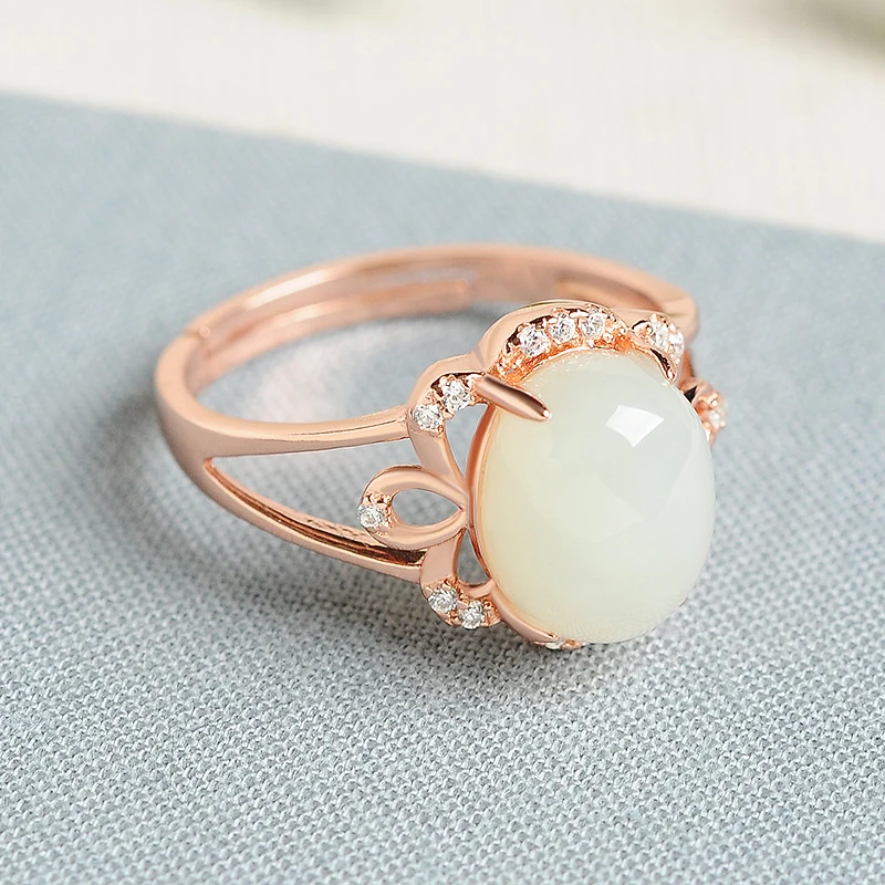 

inlaid with Hotan 925 colored silver ring, white jade cabochon, women's model, adjustable