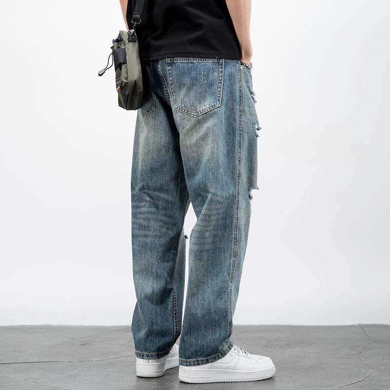 Men's Jeans Broken Straight Trousers Ripped with Holes Loose Torn Wide Leg Male Cowboy Pants Baggy 2024 Korean Autumn New in Xs