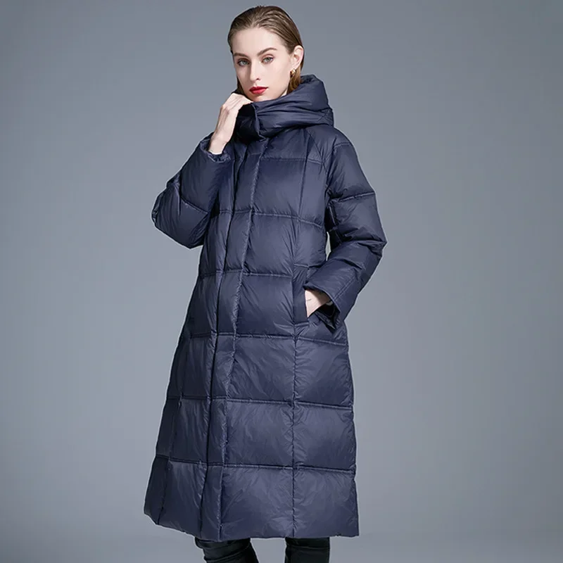 Winter Verdickte Warme Daunenjacke Frauen 2024 Neue Lange Mit Kapuze Weiße Ente Unten Puffer Jacke Große Größe Lose Freizeit Mantel