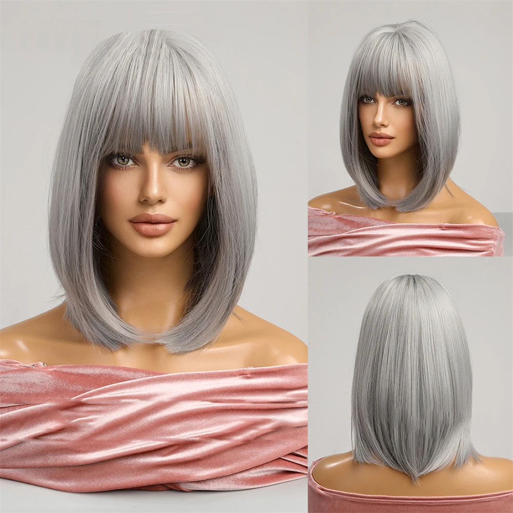 

Blonde Gray Synthetic 14inch Wigs with Bangs Short Straight Bob Hair for Women Cosplay Daily Natural Hair Heat Resistant