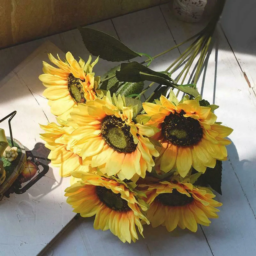 

7 Heads Artificial Sunflowers Fake Flower Bouquet Garden Wedding Party Decor Simulated Flower Home Decoration