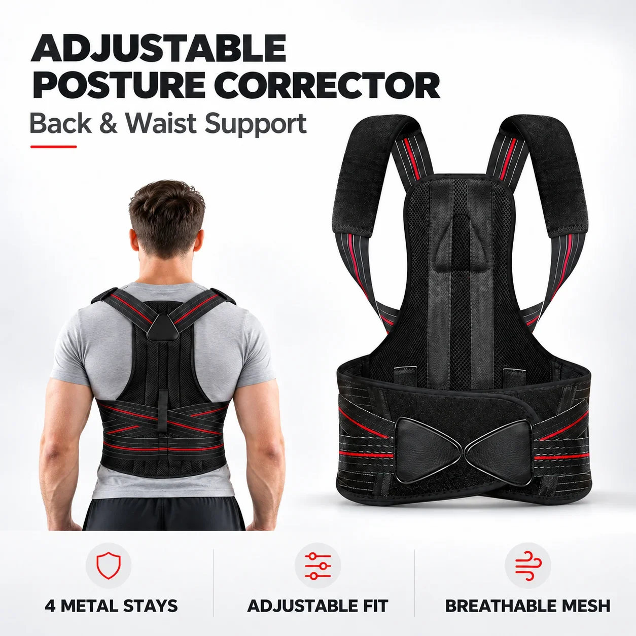 Posture Corrector Back Brace with 4 Metal Stays, Adjustable Shoulder and Waist Support Belt, Breathable Mesh for Adults