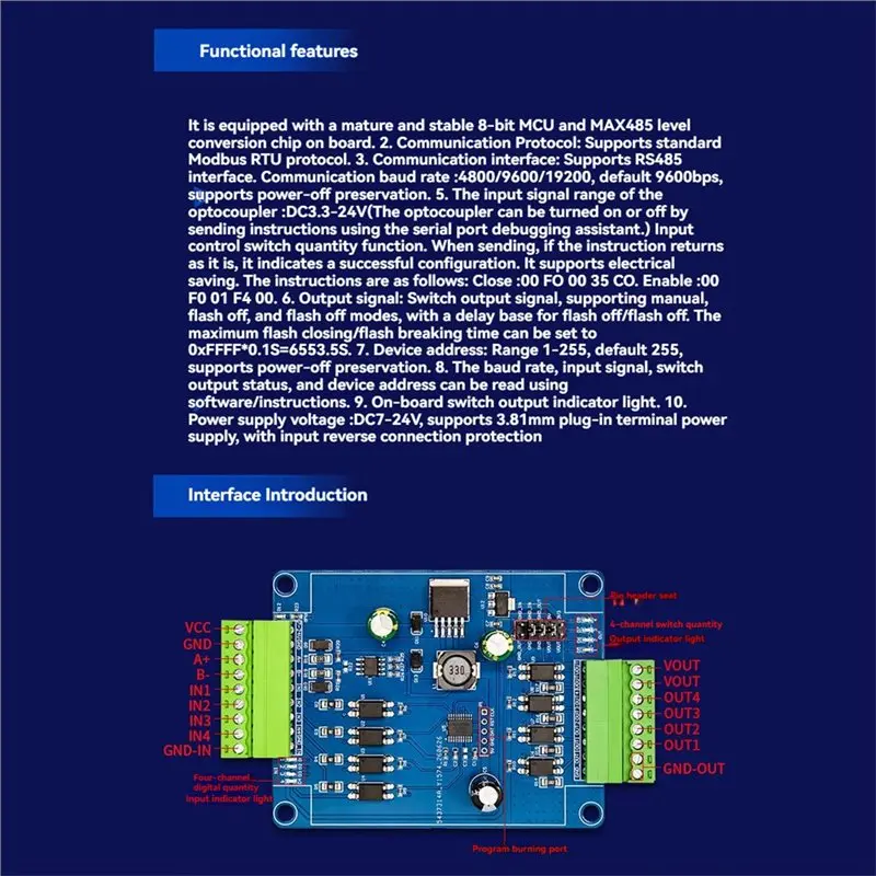 Reliable-4-Channel Modbus RTU RS485 Digital I/O Module 4DI 4DO Switch Signal Acquisition Control Board DC7-24V RS485/TTL