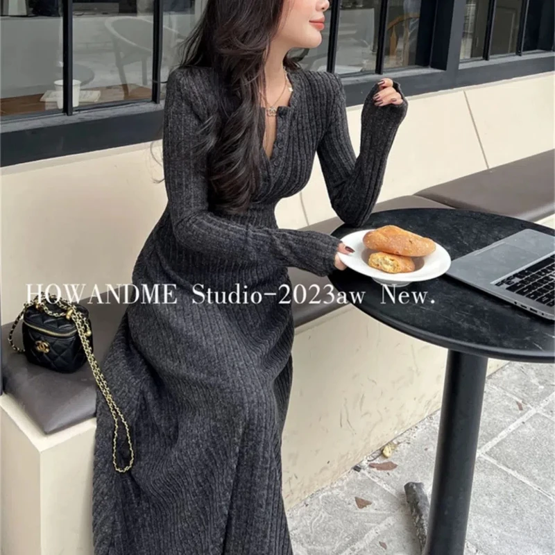 Autumn Winter New Fashion Long Sleeve Solid Slim Women\'s Clothing Korean Temperament Trend Simplicity Knitting All-match Dresses