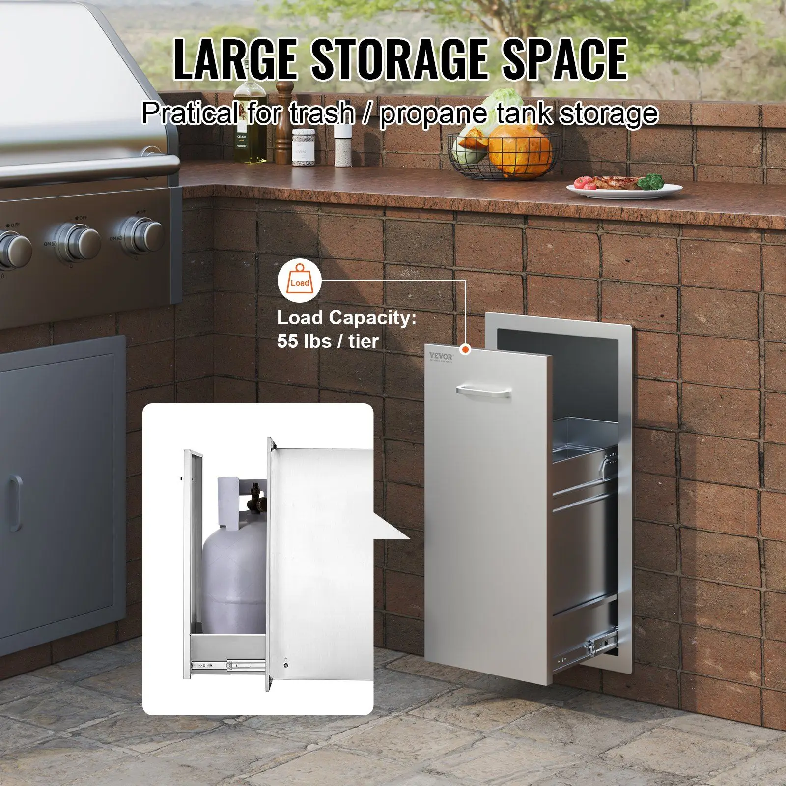 13.4x26x19.6" Pull Out Trash Drawer Stainless Steel Roll Out Bin with Sliding Rails for Outdoor Kitchen BBQ Island Grill Station