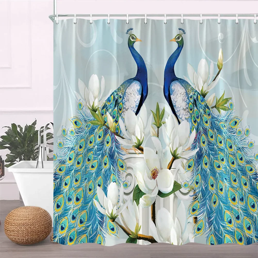 Peacocks Shower Curtains Blue Beautiful Bird Flower Plant Watercolor Pattern Print Bathroom Decor Cloth Hanging Curtain Set